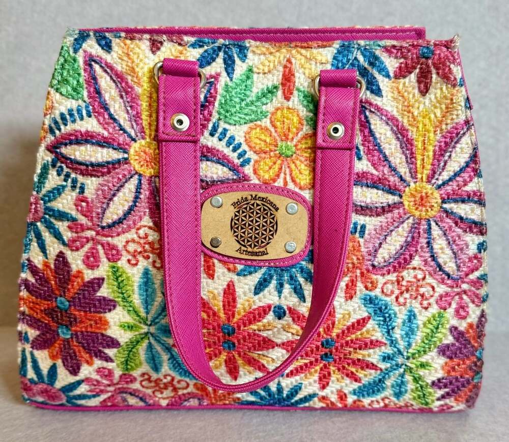 Frida Mexicana Artesanal Floral Woven Tote Bag Pink Crossbody Strap Mexico